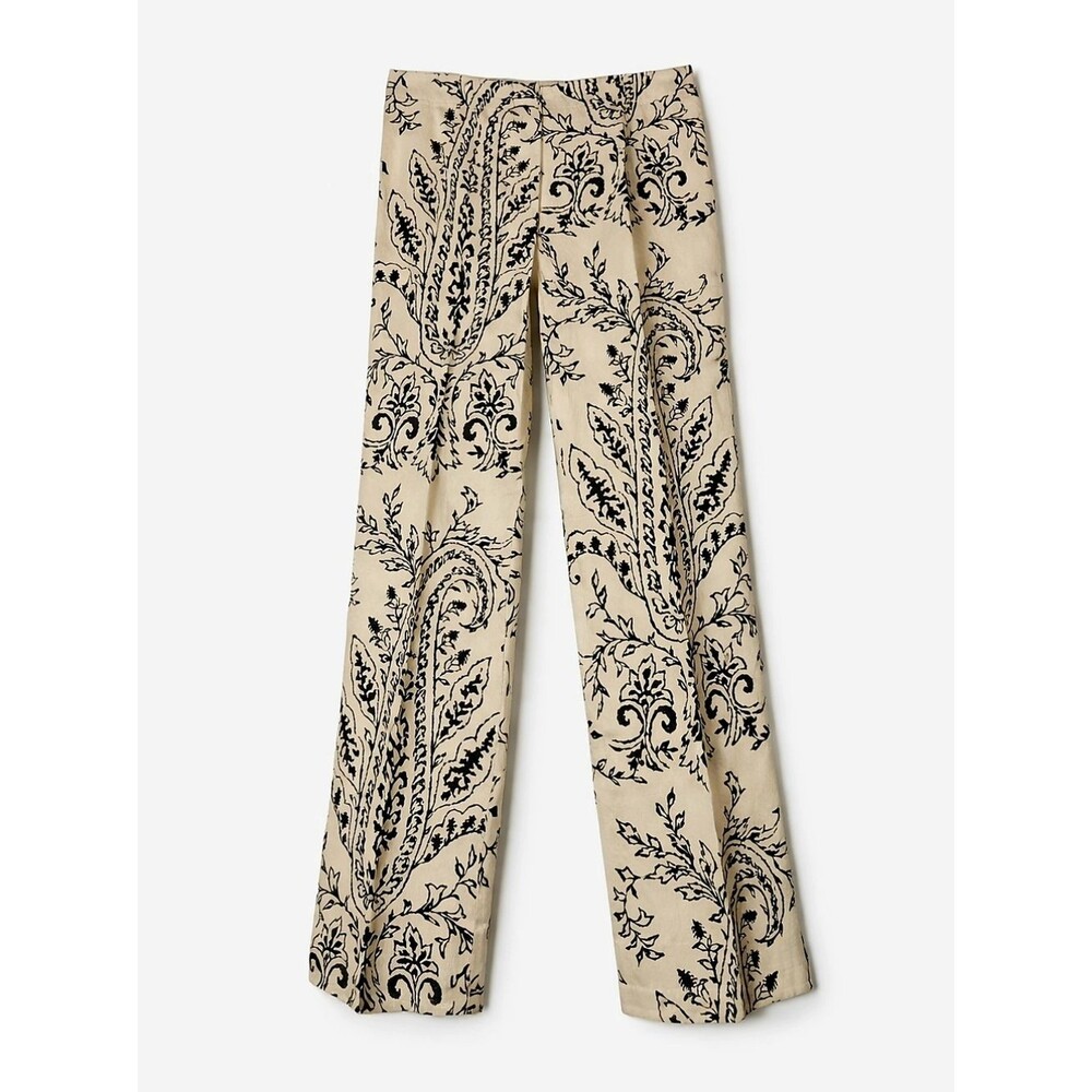 Talbots Vintage Tan Bold Black Paisley Scroll Chic Preppy Cotton Stretch Pants